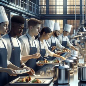 Students serving meals in school restaurant