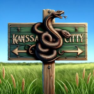 Two-headed snake on road sign, pointing to Kansas City.