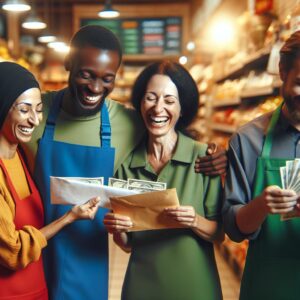 "Grocery store employees receiving overdue payment"