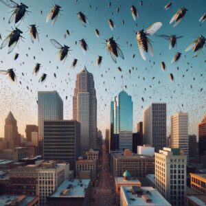 Cicadas swarming Kansas City skyline