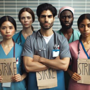 Nurses holding strike signs