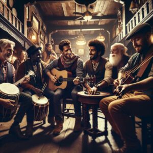 Irish musicians jamming in pub