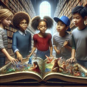 Children exploring giant book