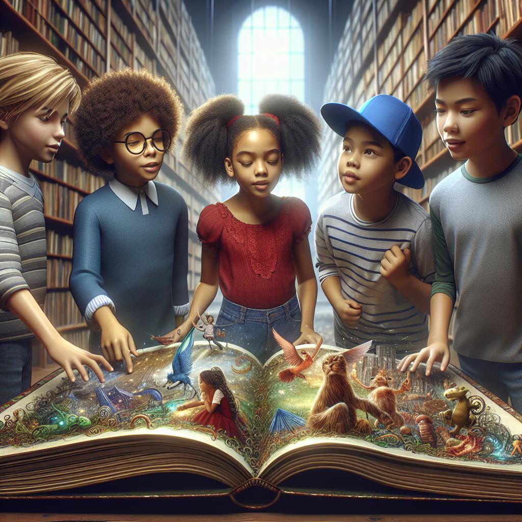 Children exploring giant book