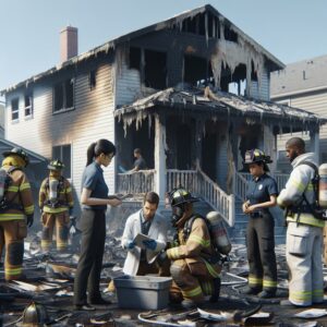 Firefighters investigating charred house