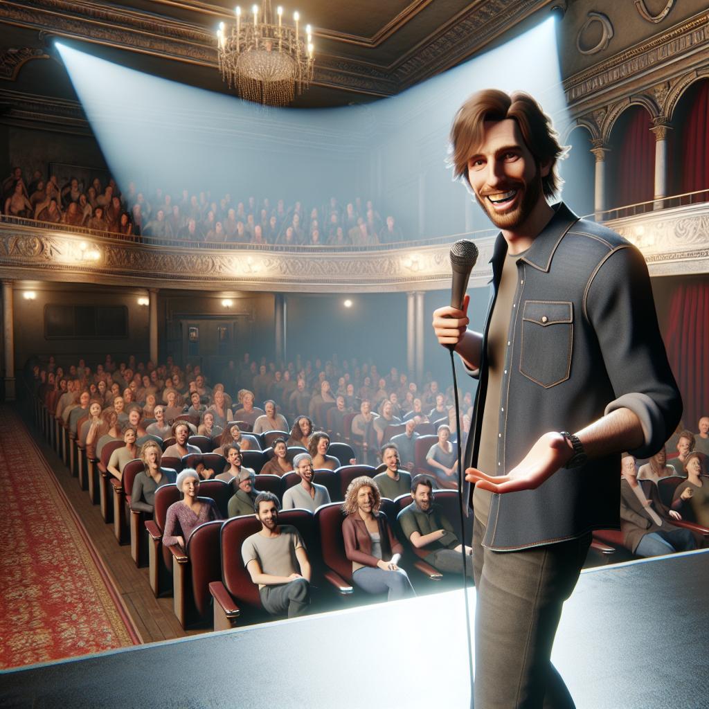 "Comedian performing in historic theatre"