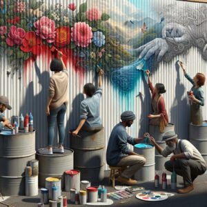 Painting murals on metal barrels