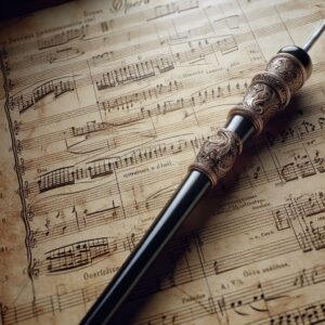 Opera score and conductor's baton