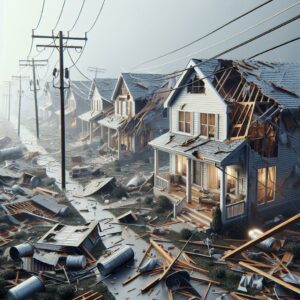 Storm-damaged houses, fallen powerlines