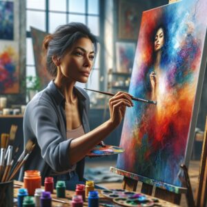 Artist painting vibrant canvas