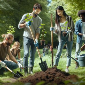 Volunteers planting trees in park