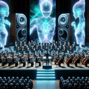 Orchestra performing, Avatar projections