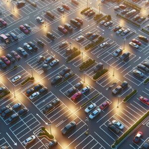 Overhead view of sprawling parking lot