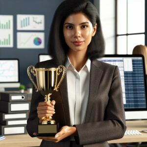 Female accountant holding trophy