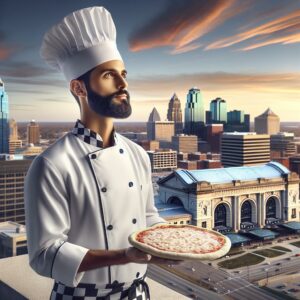 "Pizza Chef Overlooking Kansas City"