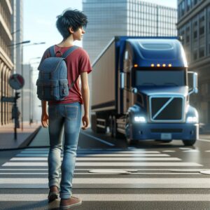 Teenager crossing street, truck