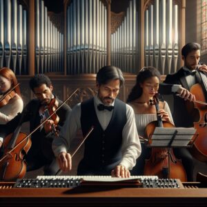 Organist and string quartet performing