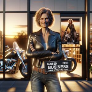 Female entrepreneur retiring from motorcycle dealership