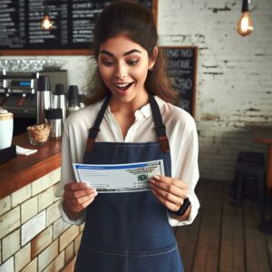 Barista receiving generous paycheck