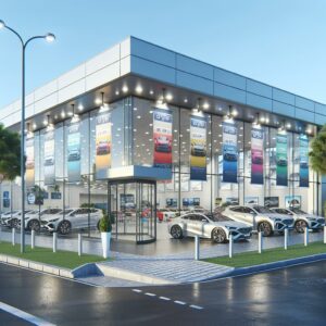 Renovated car dealership exterior