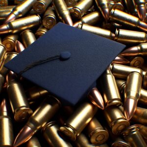 Graduation cap amidst bullet casings