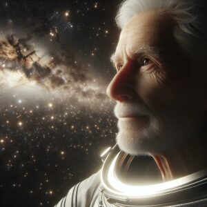 Elderly astronaut gazing at stars