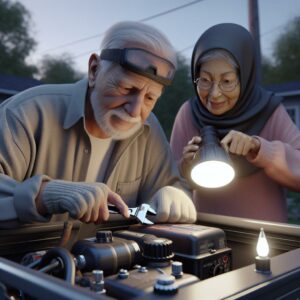 Elderly couple fixing generator