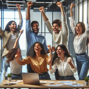 Diverse startup team celebrating success