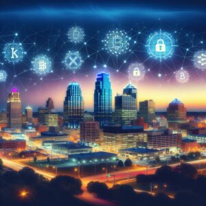 "Blockchain skyline over Kansas City"