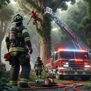 Fire department rescuing tree trimmer