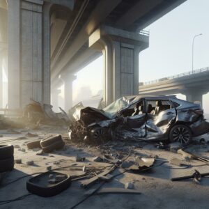 Wrecked car near bridge pillar