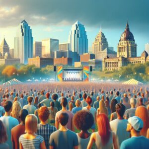 Festival crowd, Kansas City skyline