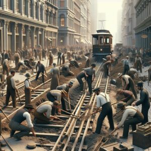 Workers constructing streetcar tracks