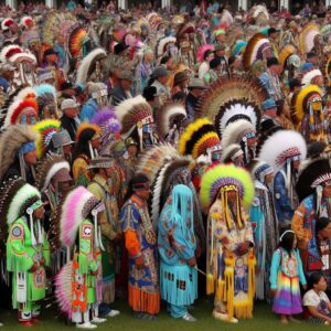 Powwow attendees in vibrant attire