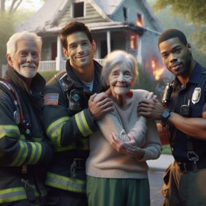Elderly woman embracing rescuers