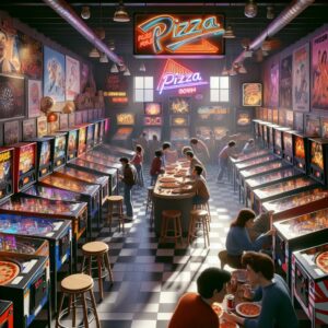 "1980s ShowBiz Pizza arcade scene"
