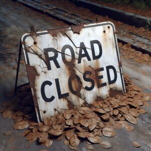 Damaged road closed sign