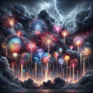 Fireworks show under stormy sky