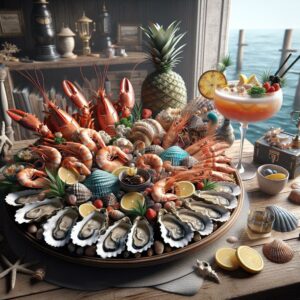 Seafood platter, elegant cocktail, coastal decor.