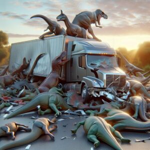Crashed truck scattering dinosaur statues