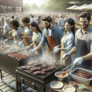 Volunteers serving barbecue meals