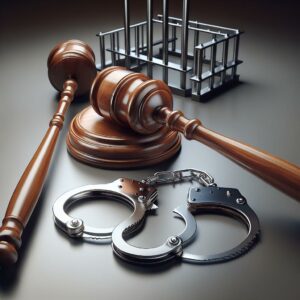 Gavel, handcuffs, and prison bars