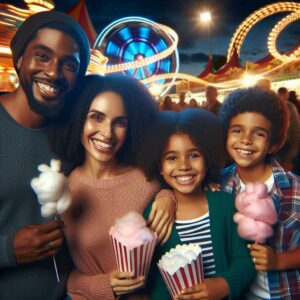 Family enjoying amusement park night