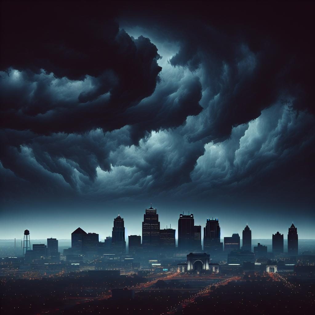 Dark Kansas City skyline under storm clouds