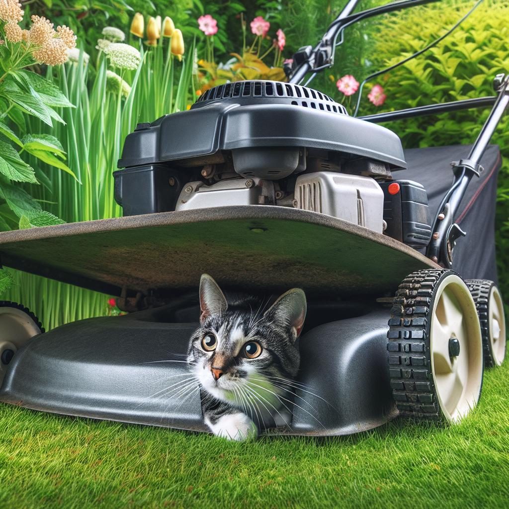 Cat hiding under lawn mower