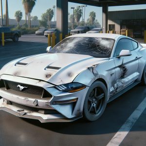 Damaged White Ford Mustang