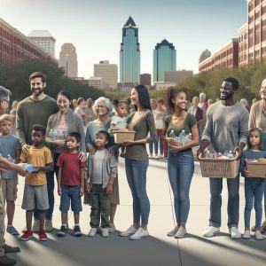 Families receiving giveaway supplies in Kansas City