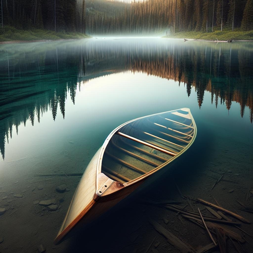 Overturned canoe on pond