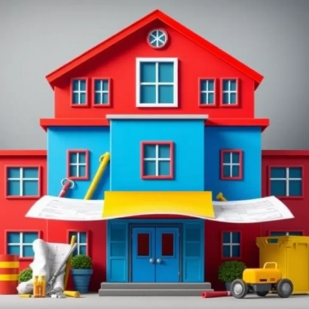 Colorful school building with construction tools and blueprints.