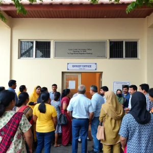 Community gathering in front of a dedicated office building.